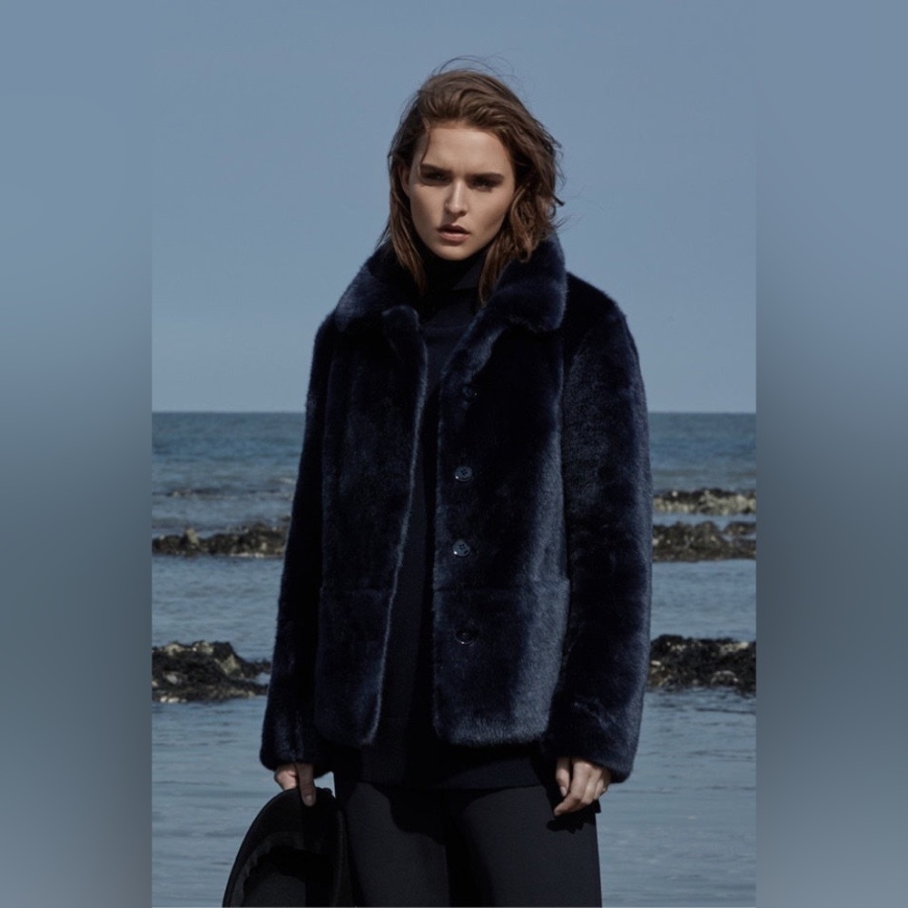 REISS Blue Faux Fur Jacket Small